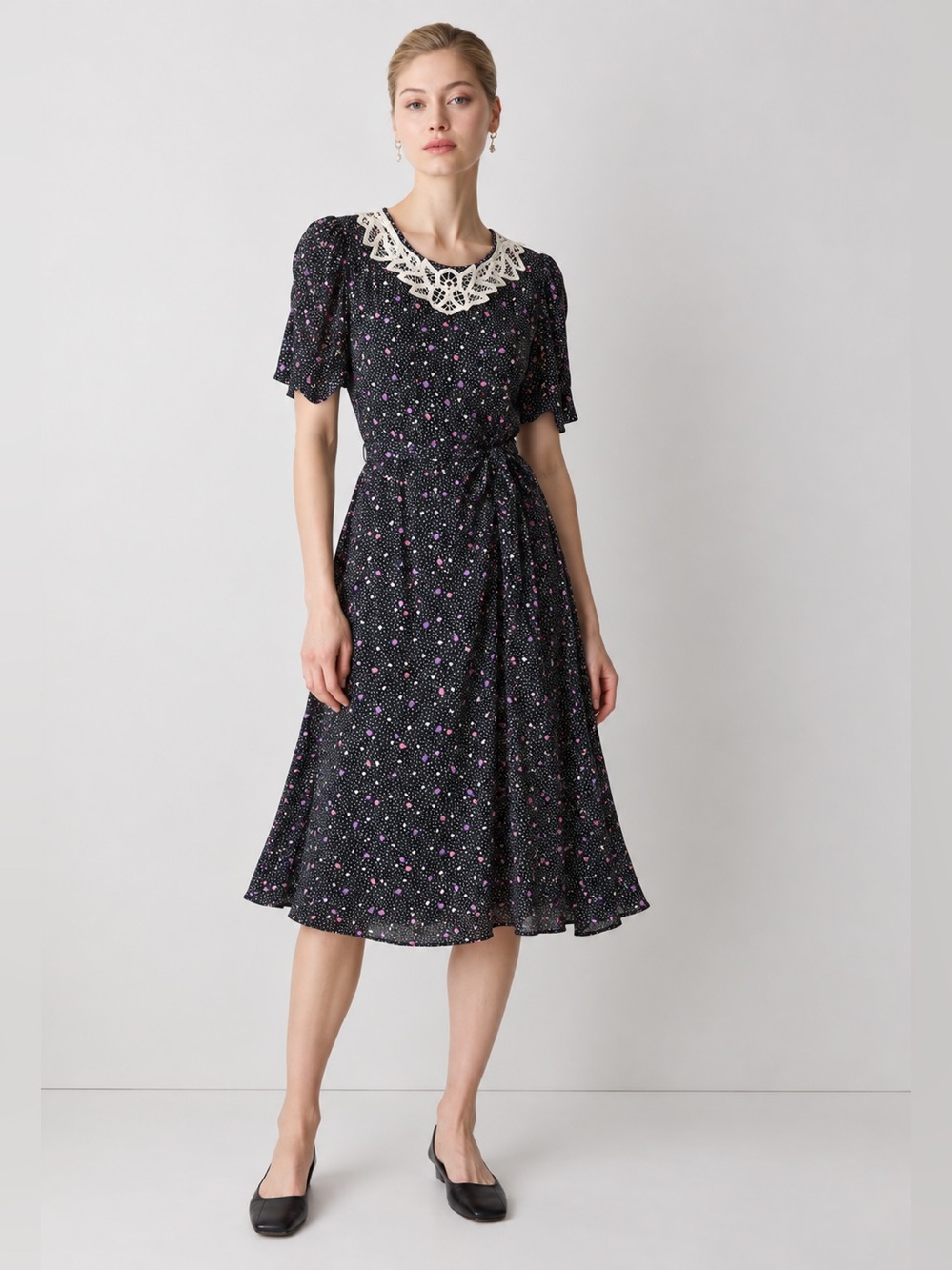 Vintage 1980s Jackie Bernard for Eklektic Ditsy Floral Lace Collar Dress S